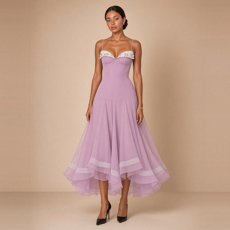 Robe midi corsetée en voile SAKIWE lilas – vue de face
