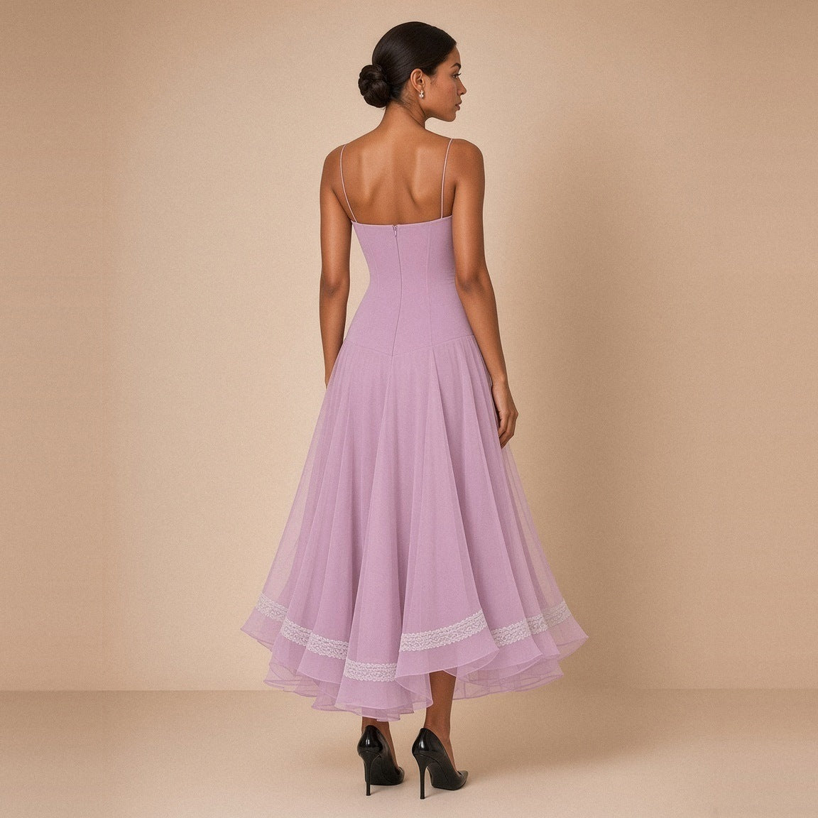 Robe midi corsetée en voile SAKIWE lilas – vue de dos, fermeture éclair