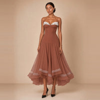 Robe midi corsetée en voile SAKIWE caramel – vue de face