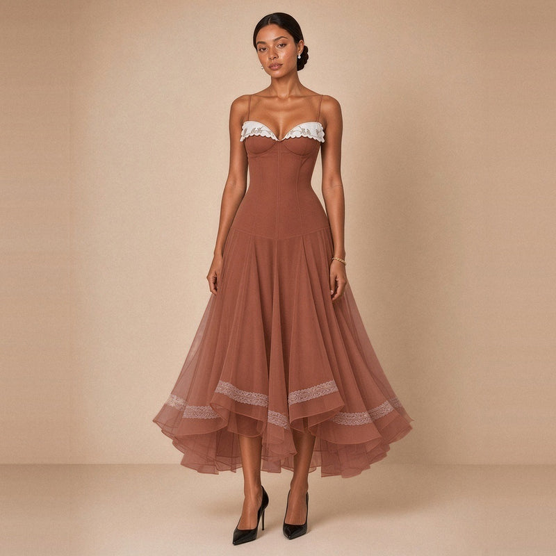 Robe midi corsetée en voile SAKIWE caramel – vue de face