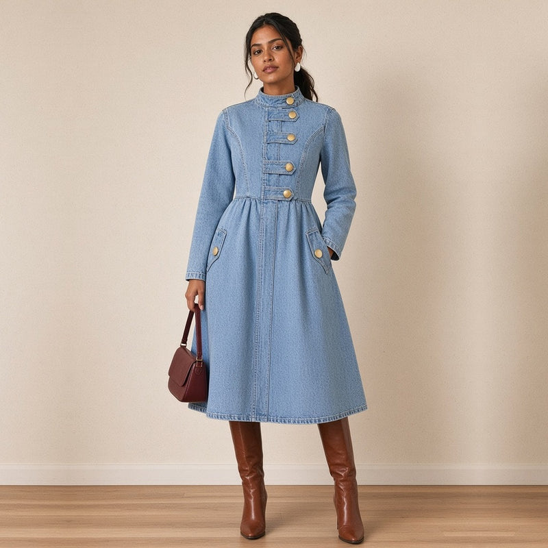 Robe midi en jean à col montant et boutons dorés, vue de face en pied – SAKIWÉ