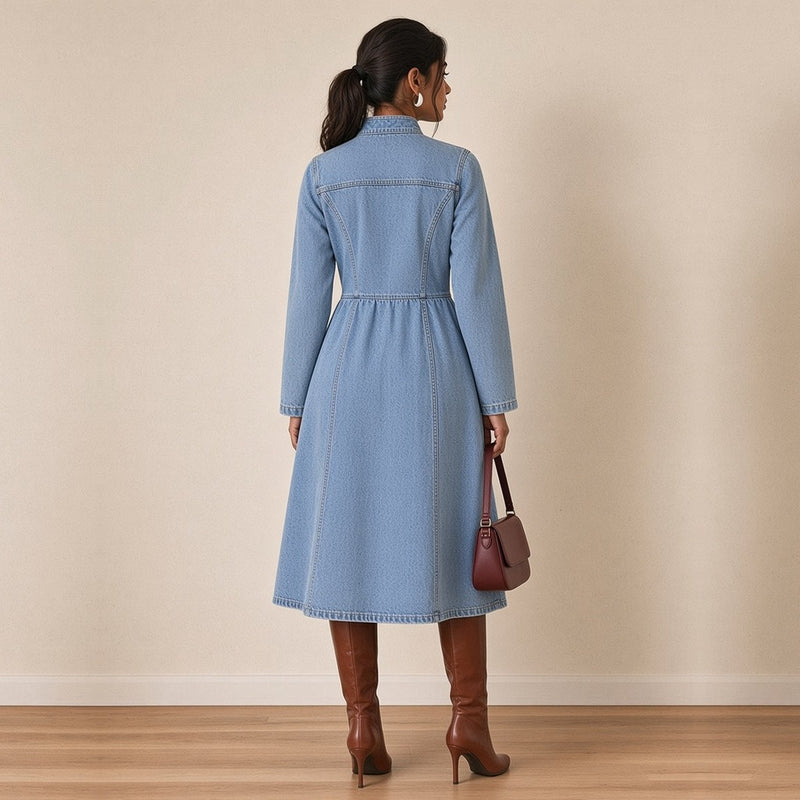 Robe midi en jean à col montant et boutons dorés, vue de dos – SAKIWÉ