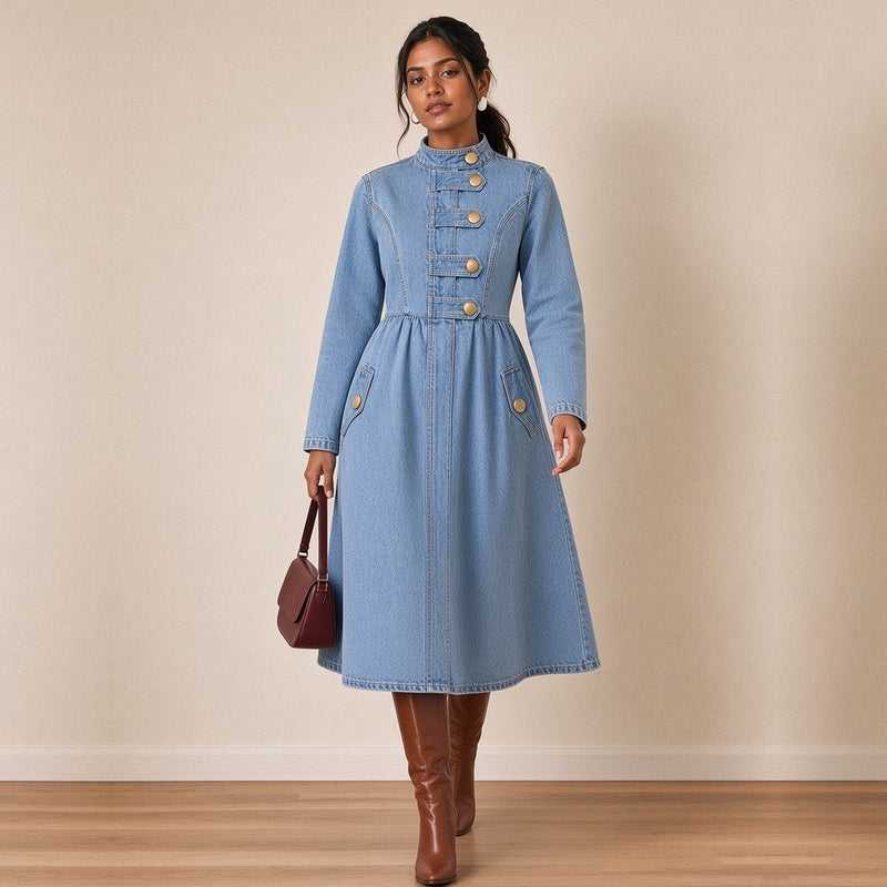Robe midi en jean à col montant et boutons dorés, de trois-quarts en marchant – SAKIWÉ