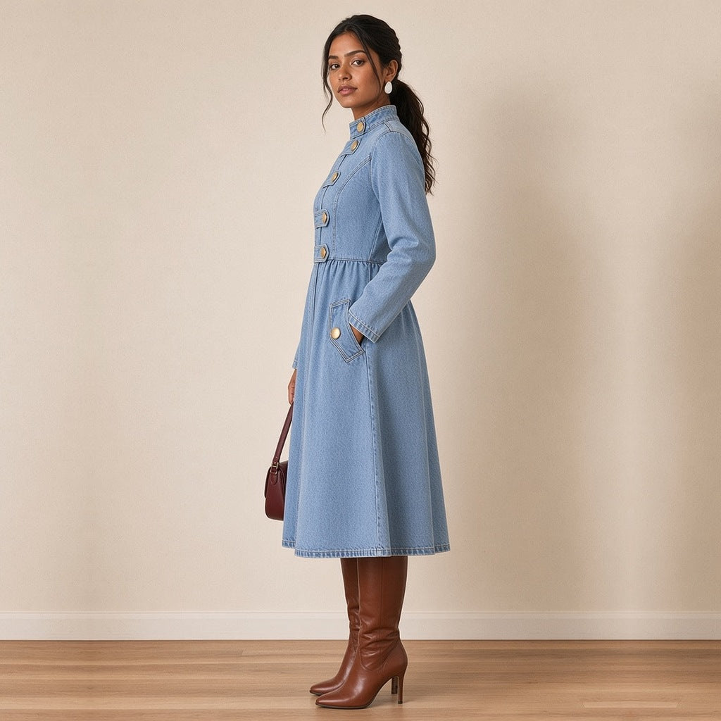 Robe midi en jean à col montant et boutons dorés, vue de profil – SAKIWÉ