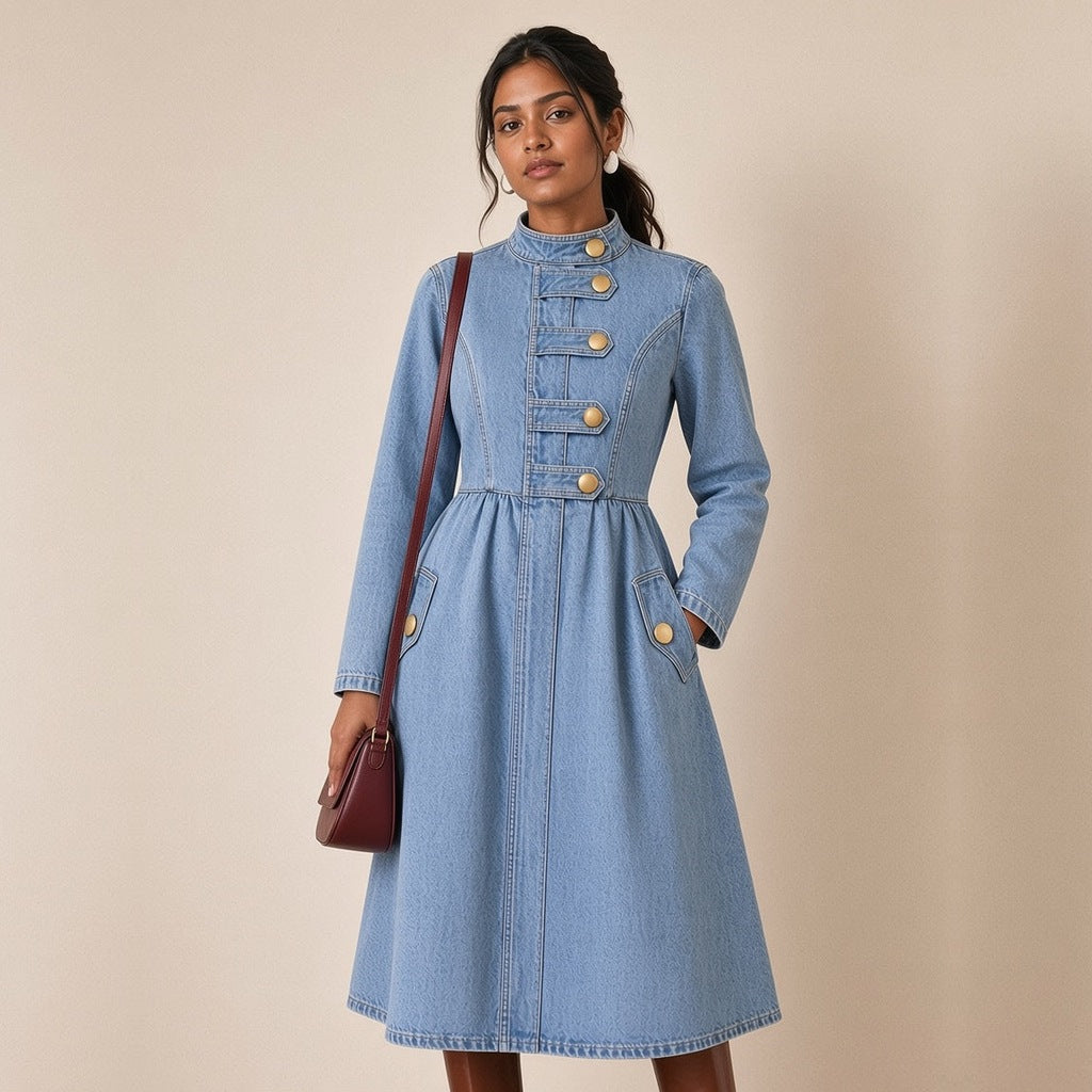 Robe midi en jean à col montant et boutons dorés portée, plan jusqu'aux genoux – SAKIWÉ