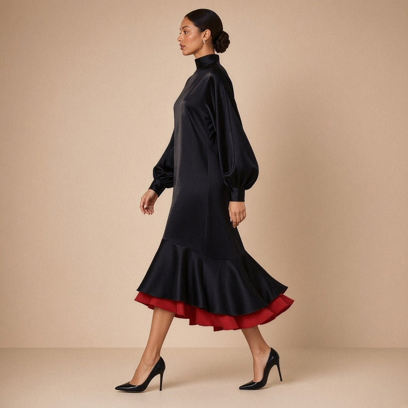 Robe midi en satin à col montant, manches lanterne et volant contrasté – Noir, vue de profil