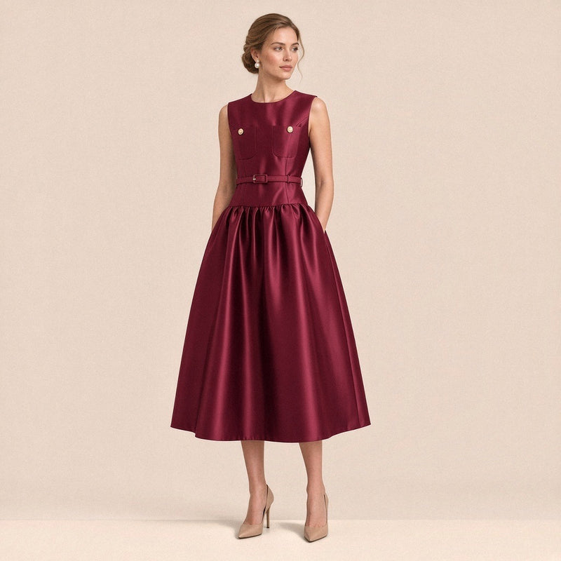 Robe midi satinée sans manches SAKIWE bordeaux portée, de face