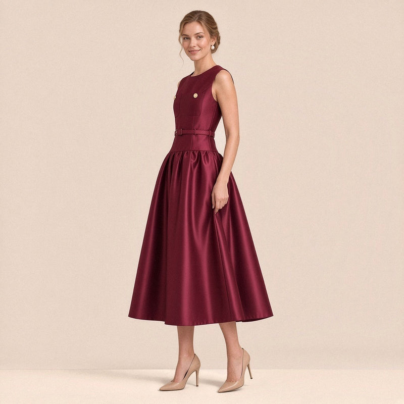 Robe midi satinée sans manches SAKIWE bordeaux portée, de trois quarts