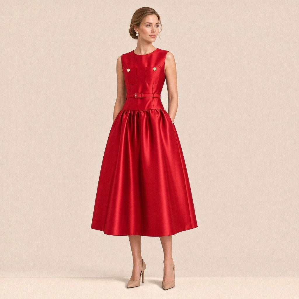 Robe midi satinée sans manches SAKIWE rouge portée, de face