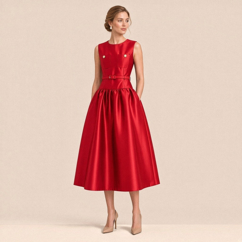 Robe midi satinée sans manches SAKIWE rouge portée, de face