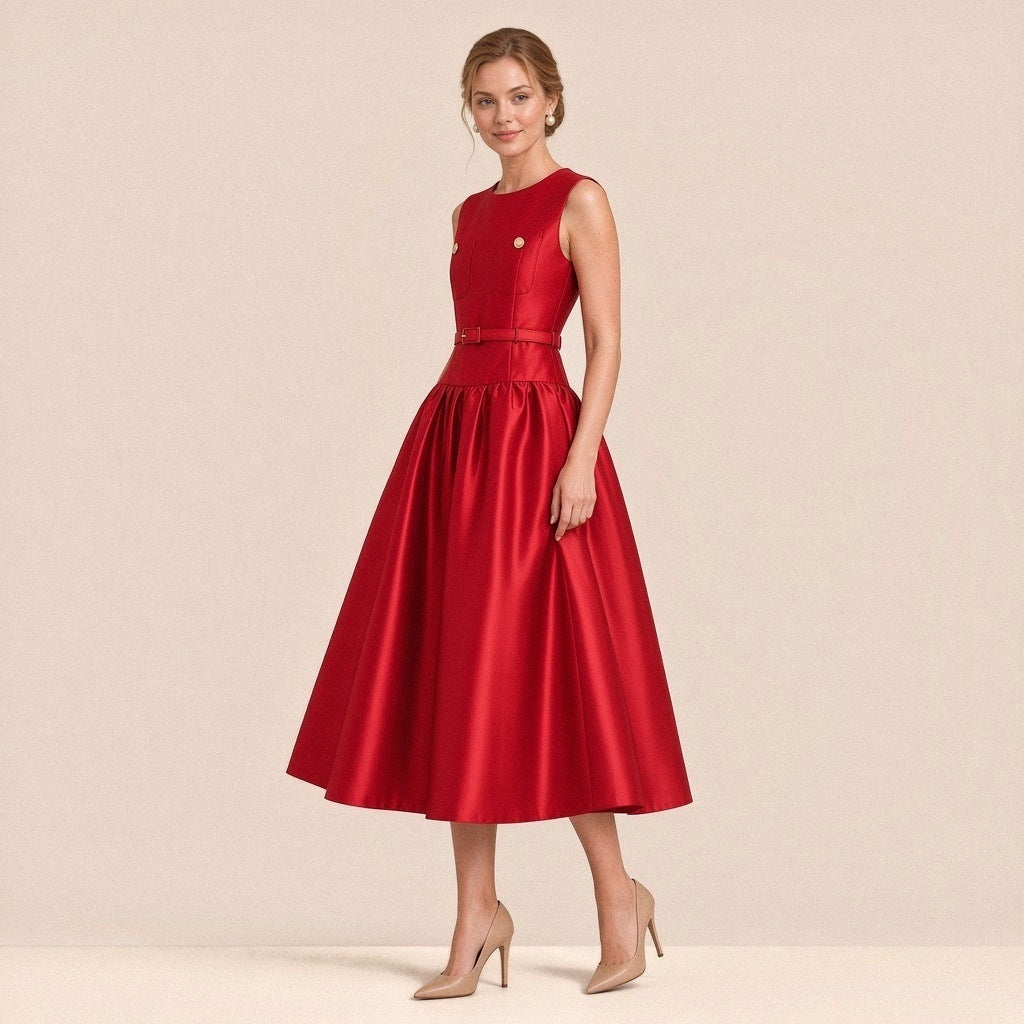 Robe midi satinée sans manches SAKIWE rouge portée, de trois quarts