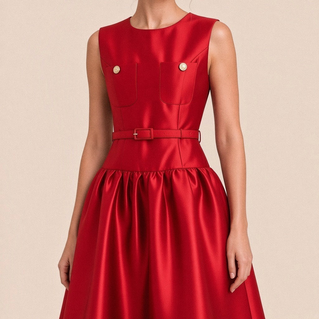 Robe midi satinée sans manches SAKIWE rouge portée, en gros plan sur le buste, poches boutonnées et ceinture