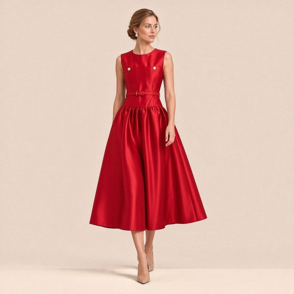 Robe midi satinée sans manches SAKIWE rouge portée, en marchant
