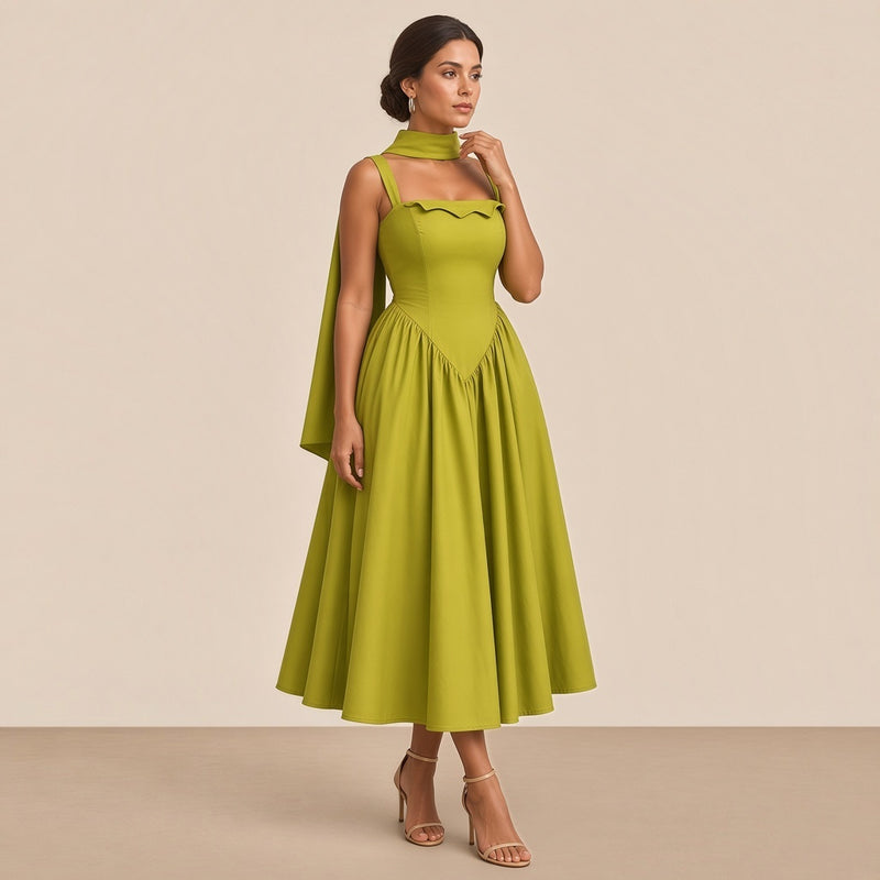 Robe midi SAKIWE vert anis à bretelles et taille en pointe, vue de trois-quarts, main au cou