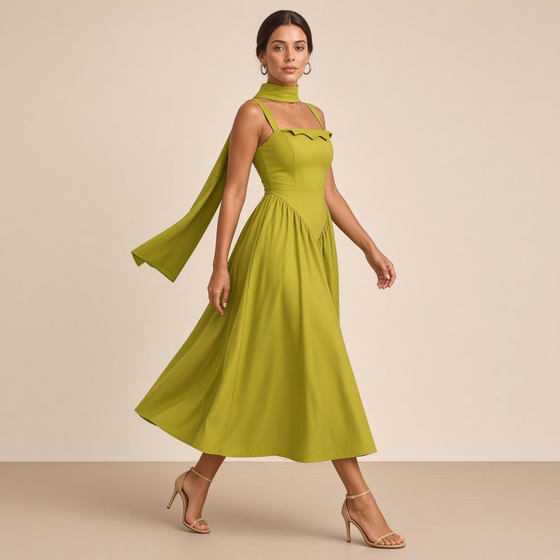 Robe midi SAKIWE vert anis à bretelles et taille en pointe, en marche