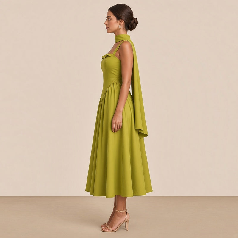 Robe midi SAKIWE vert anis à bretelles et taille en pointe, vue de profil