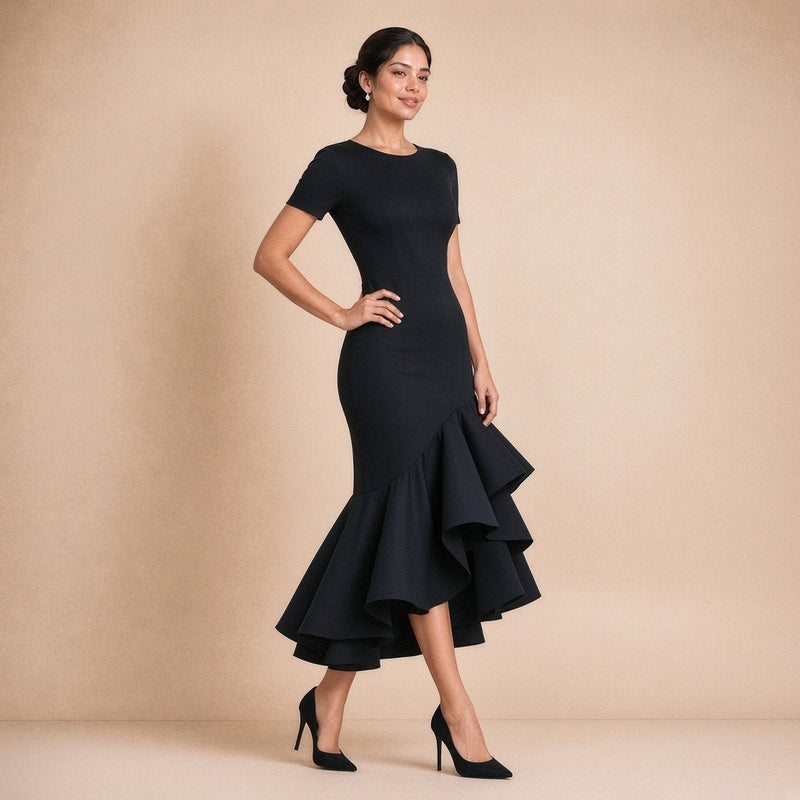 Robe midi ajustée à col rond et cascade de volants asymétriques – Noir, vue de trois-quarts