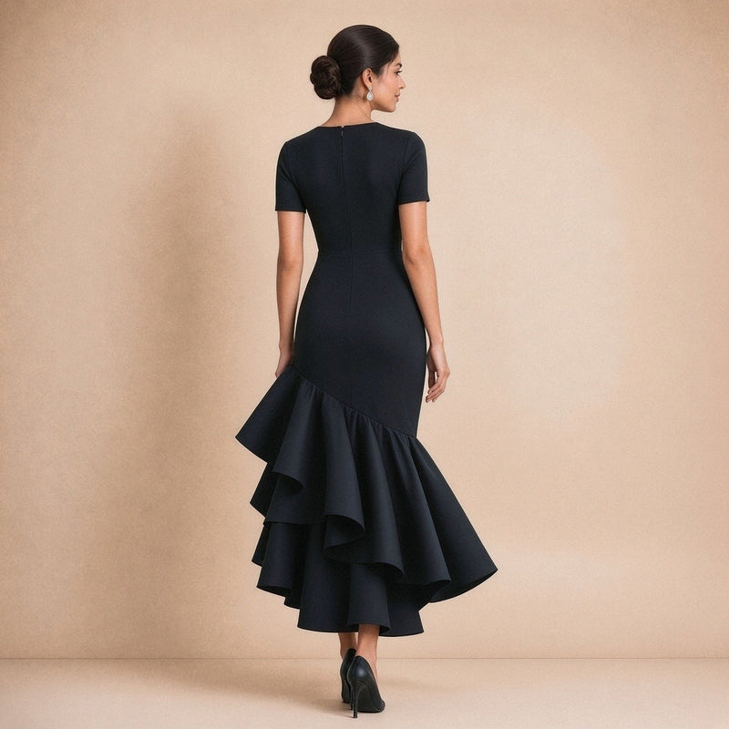 Robe midi ajustée à col rond et cascade de volants asymétriques – Noir, vue de dos