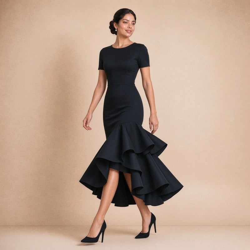 Robe midi ajustée à col rond et cascade de volants asymétriques – Noir, en marche