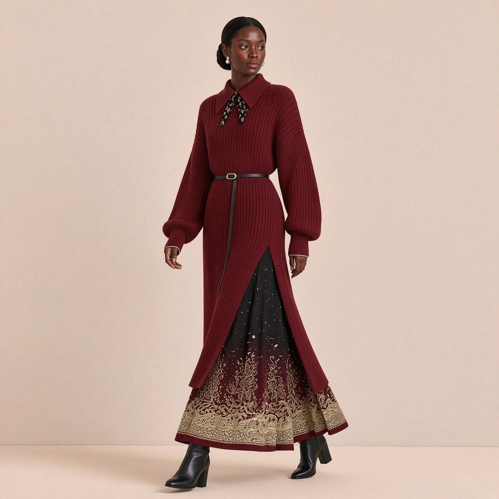 Ensemble 3 pièces SAKIWE robe-pull rouge vin et jupe mamian noire dorée, en marche, fente latérale ouverte