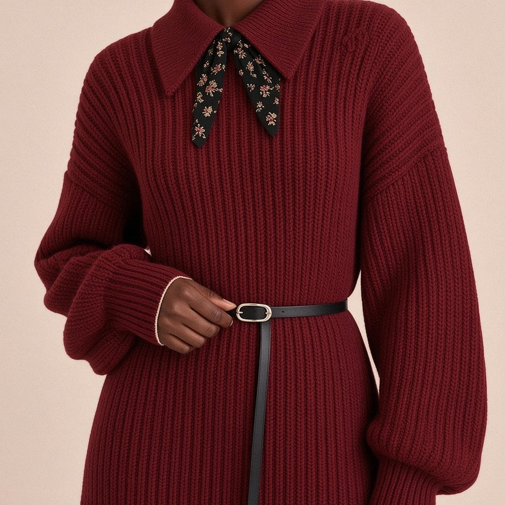 Robe-pull rouge vin SAKIWE, détail du col du cardigan rouge à nœud fleuri et de la ceinture fine