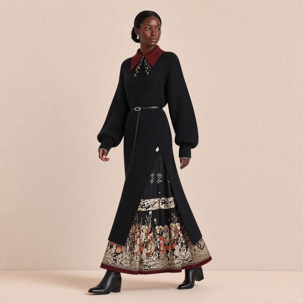 Ensemble SAKIWE robe-pull noire et jupe mamian noire à bandes, en marche