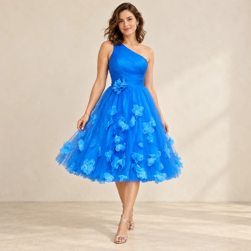 Robe de soirée bleu roi asymétrique à fleurs en tulle, vue de face