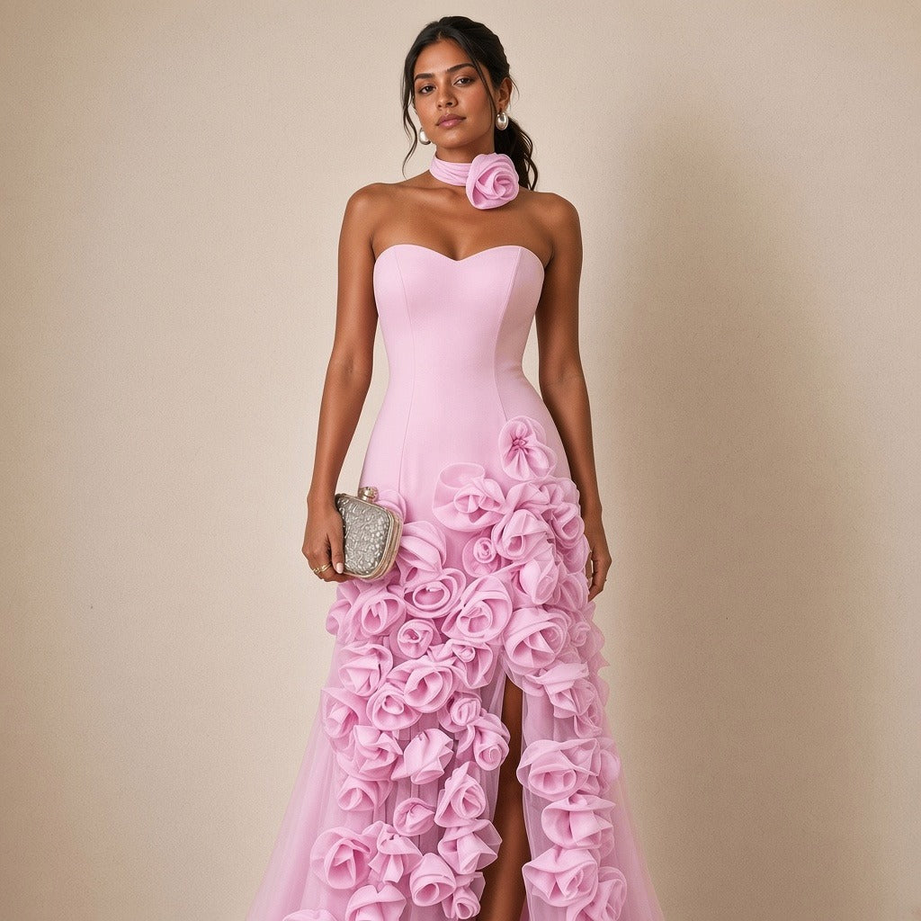 Robe de soirée bustier rose à roses 3D portée, plan jusqu'aux genoux – SAKIWÉ