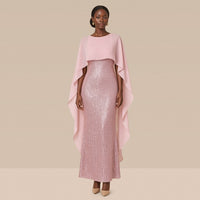 Robe de soirée longue à sequins et cape en voile, rose, vue de face – SAKIWÉ