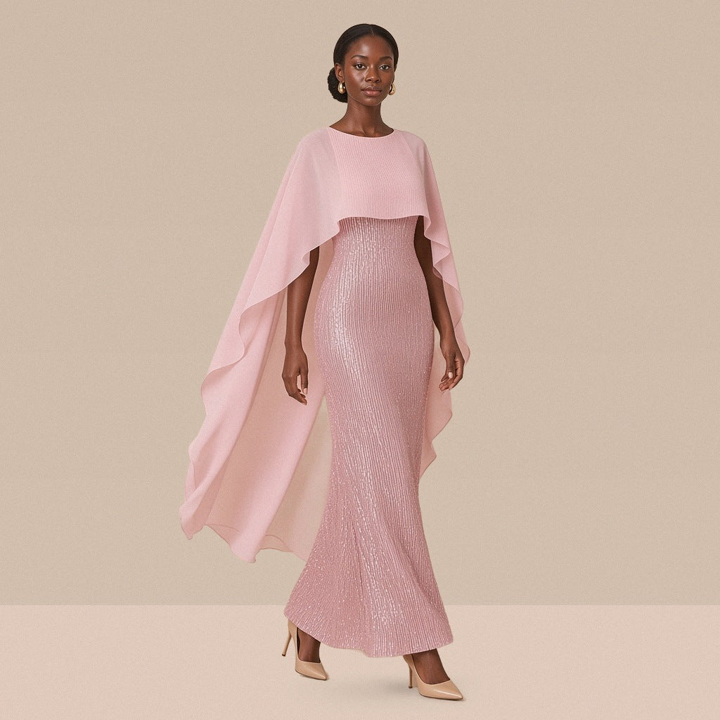 Robe de soirée longue à sequins et cape en voile, rose, en marchant – SAKIWÉ