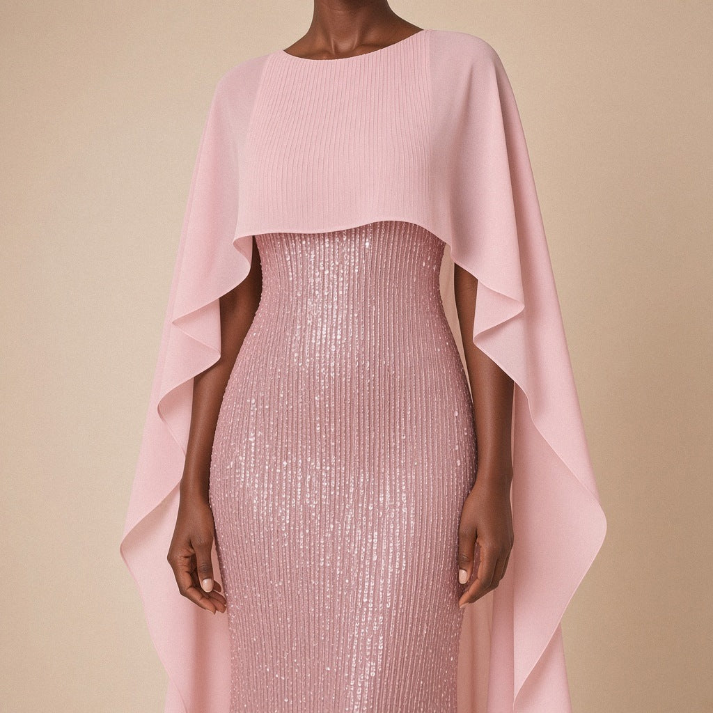 Robe de soirée longue à sequins et cape en voile, rose, détail de la cape en voile et des sequins – SAKIWÉ