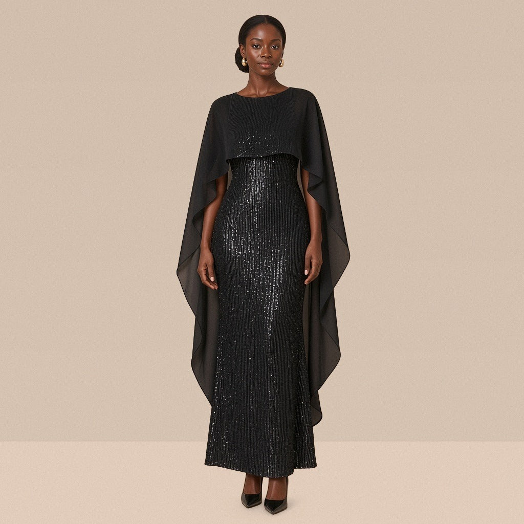Robe de soirée longue à sequins et cape en voile, noir, vue de face – SAKIWÉ