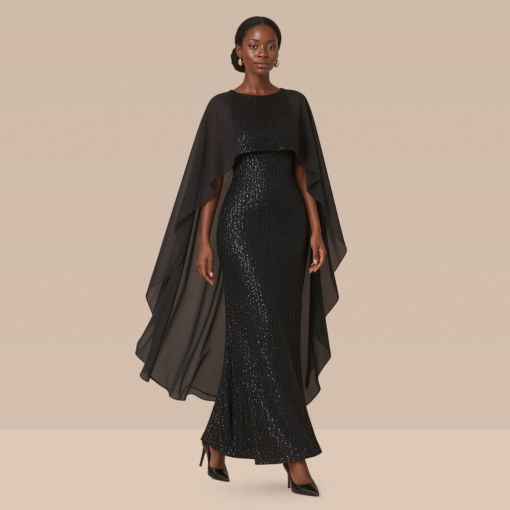 Robe de soirée longue à sequins et cape en voile, noir, en marchant – SAKIWÉ