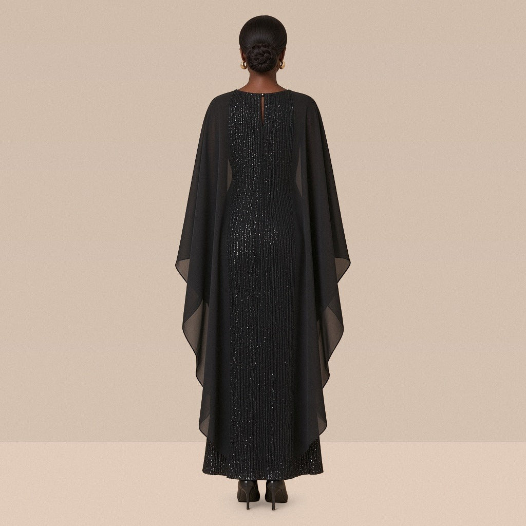 Robe de soirée longue à sequins et cape en voile, noir, vue de dos avec la cape – SAKIWÉ