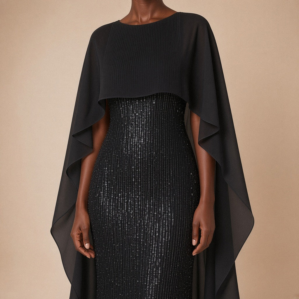 Robe de soirée longue à sequins et cape en voile, noir, détail de la cape en voile et des sequins – SAKIWÉ