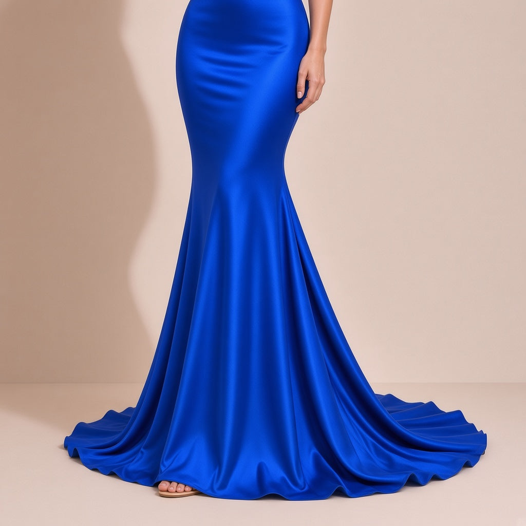 Robe bleu roi portée, détail de la jupe sirène évasée sous le genou et de la traîne