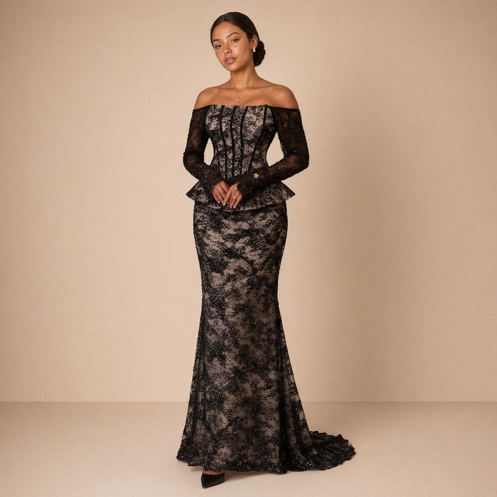Robe de soirée sirène en dentelle noire SAKIWE, vue de face