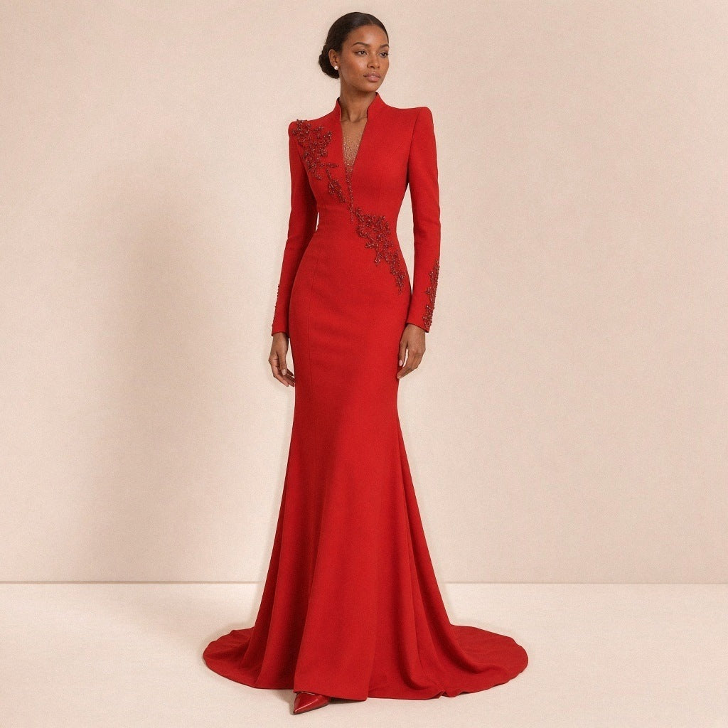 Robe de soirée sirène SAKIWE, coloris rouge, vue de face