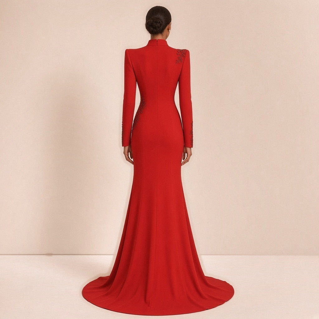 Robe de soirée sirène SAKIWE, coloris rouge, vue de dos