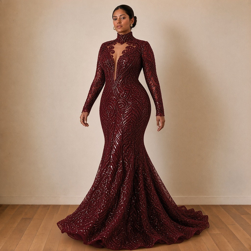 Robe de soirée sirène à sequins et col montant, bordeaux, en marchant – SAKIWÉ