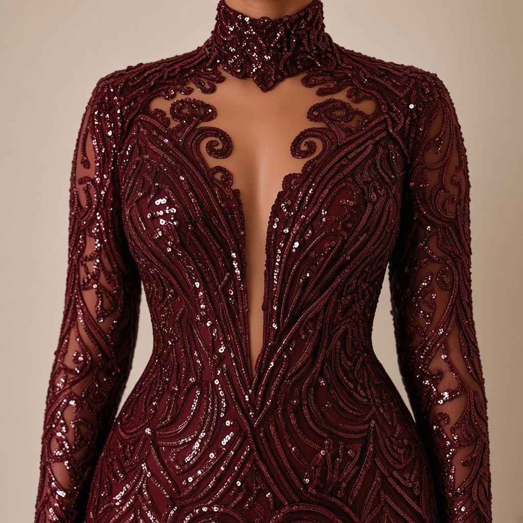 Robe de soirée sirène à sequins et col montant, bordeaux, détail du col montant et des sequins – SAKIWÉ