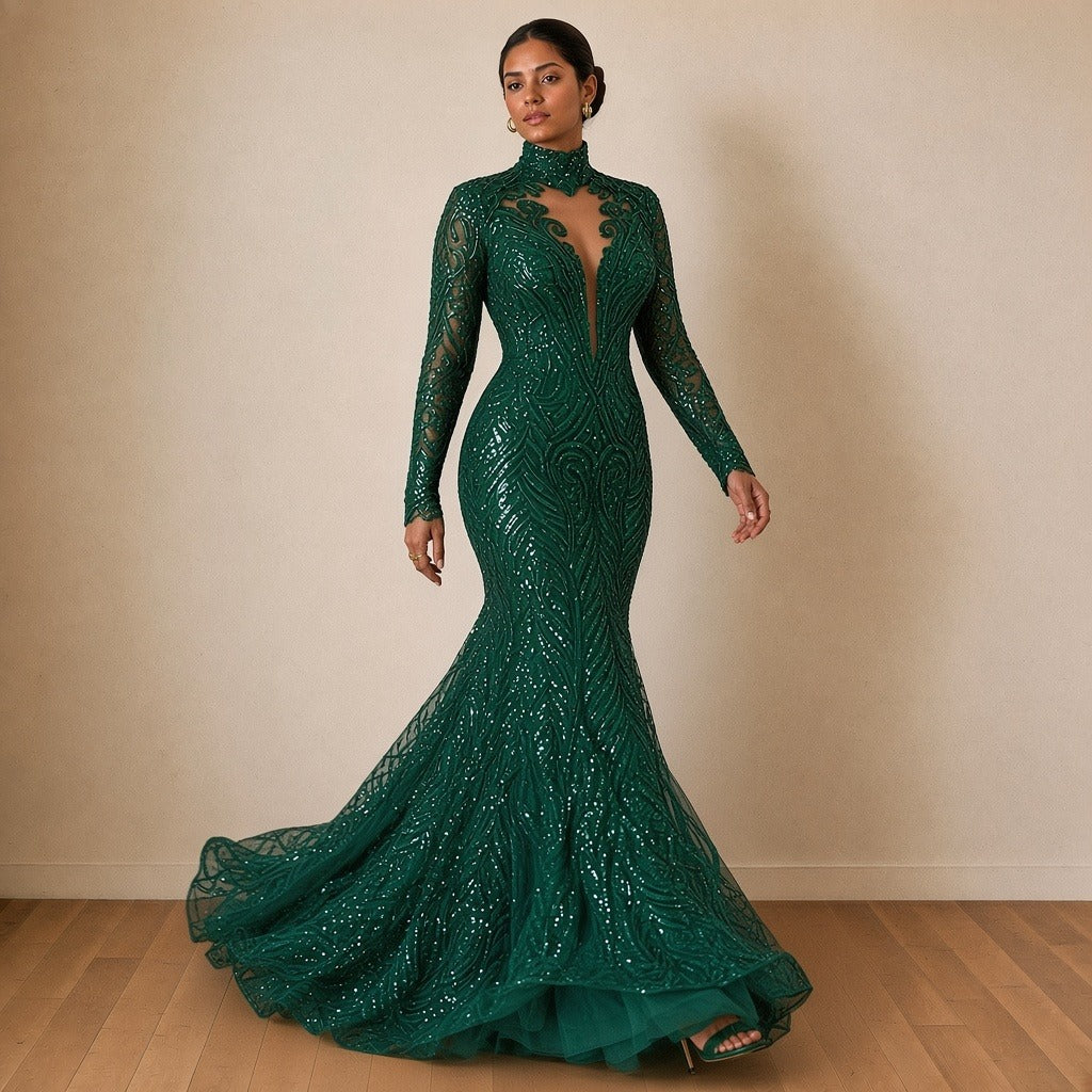 Robe de soirée sirène à sequins et col montant, vert foncé, en marchant – SAKIWÉ