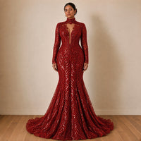 Robe de soirée sirène à sequins et col montant, rouge, vue de face – SAKIWÉ