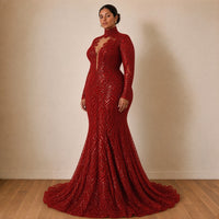 Robe de soirée sirène à sequins et col montant, rouge, vue de trois-quarts – SAKIWÉ