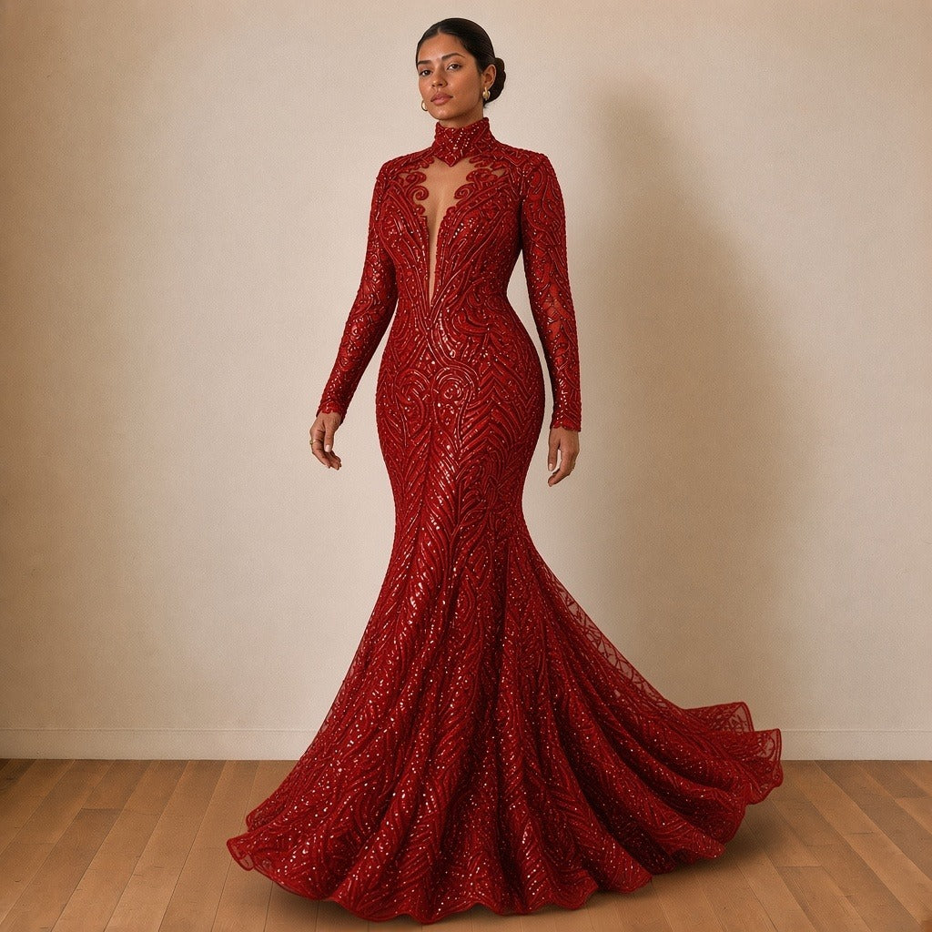 Robe de soirée sirène à sequins et col montant, rouge, en marchant – SAKIWÉ