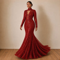 Robe de soirée sirène à sequins et col montant, rouge, en marchant – SAKIWÉ