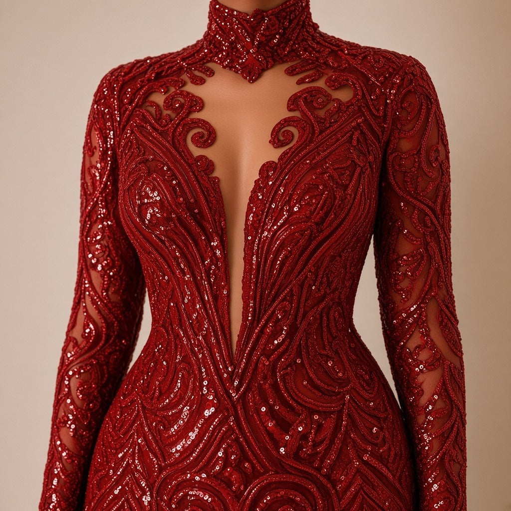 Robe de soirée sirène à sequins et col montant, rouge, détail du col montant et des sequins – SAKIWÉ