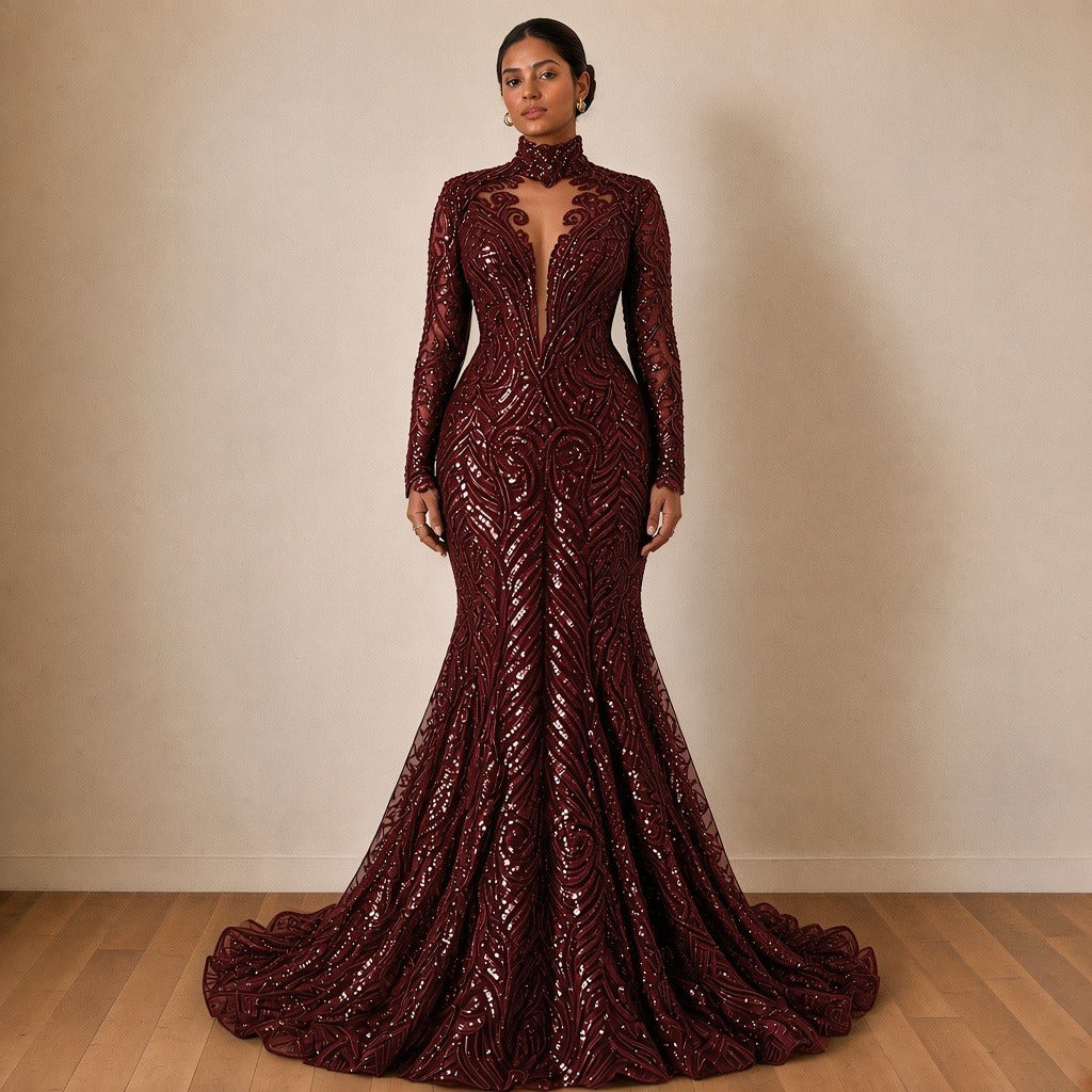 Robe de soirée sirène à sequins et col montant, bordeaux, vue de face – SAKIWÉ