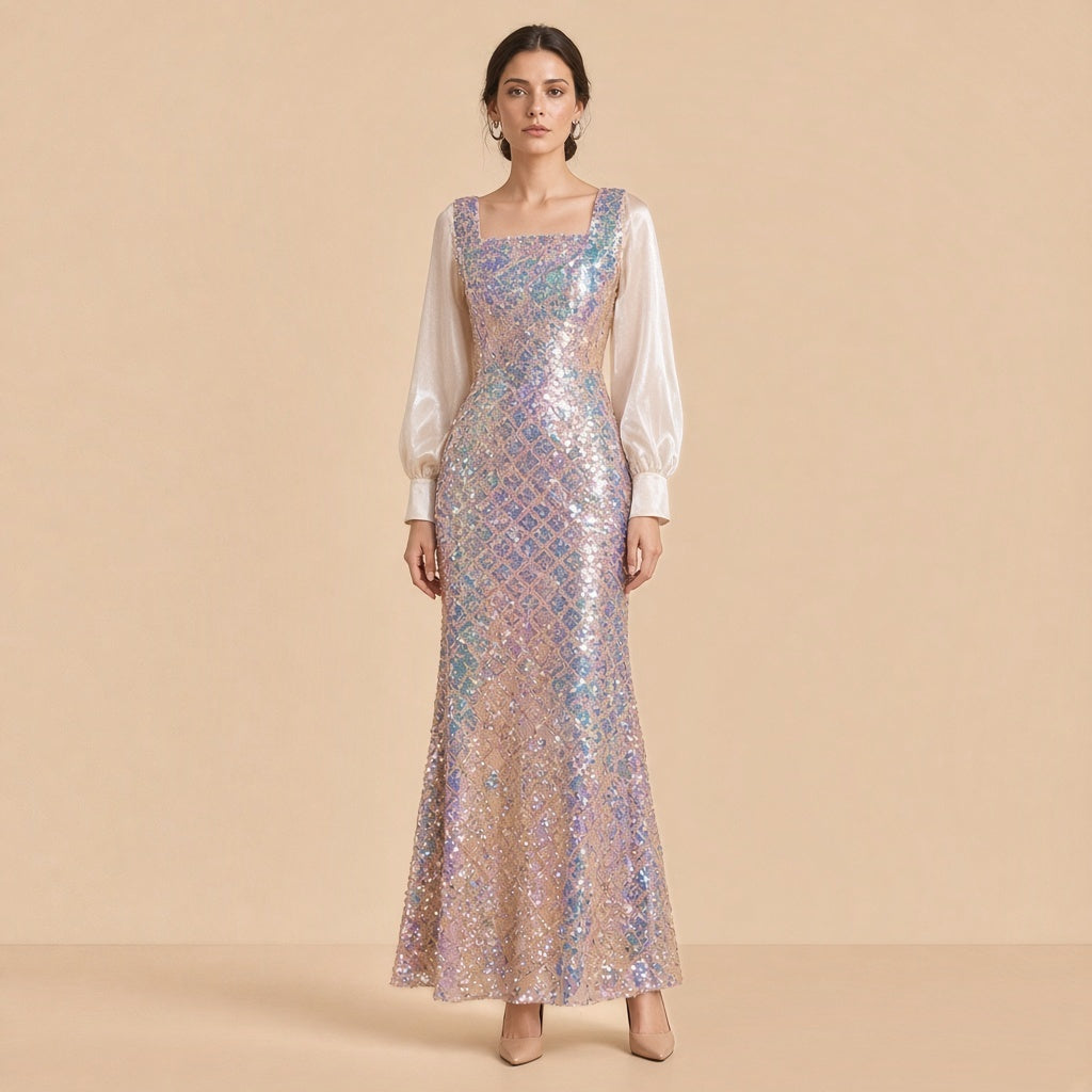 Robe de soirée sirène longue à sequins irisés champagne, vue de face
