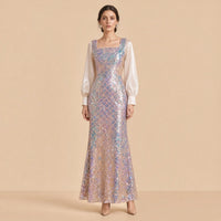 Robe de soirée sirène longue à sequins irisés champagne, vue de face